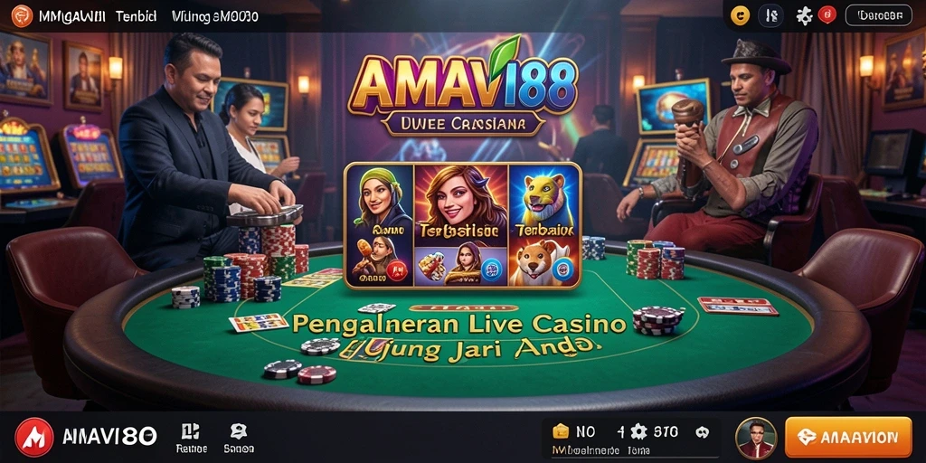Screenshot gameplay AMAVI88 menampilkan dealer langsung dan suasana kasino yang menarik.