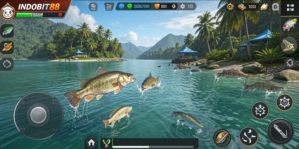 Screenshot gameplay INDOBIT88 menunjukkan aksi menangkap ikan yang seru.