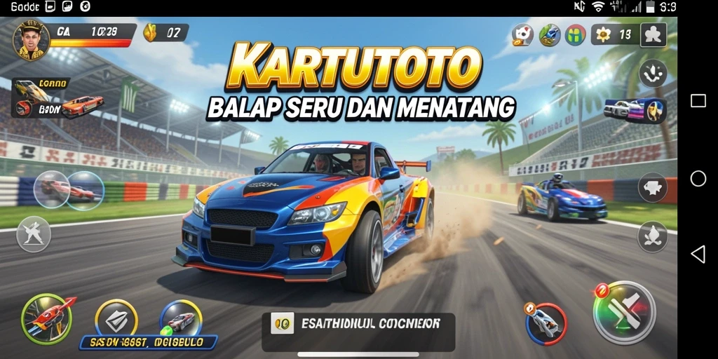 Tangkapan layar gameplay KARTUTOTO menunjukkan aksi balapan yang memukau.