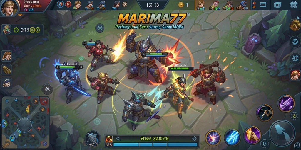 Screenshot gameplay MOBA MARIMA77 dengan aksi pertempuran mendebarkan.