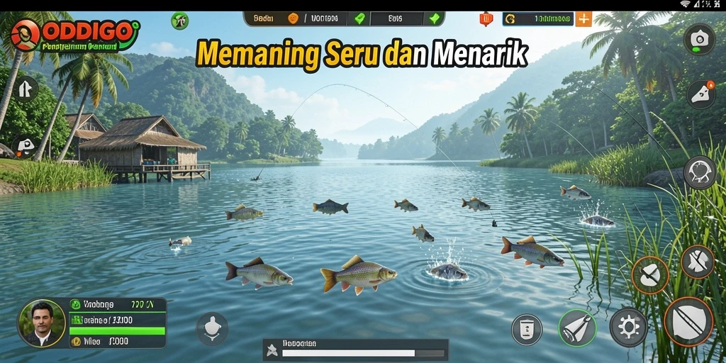 Tampilan gameplay ODDIGO dengan suasana memancing yang indah.