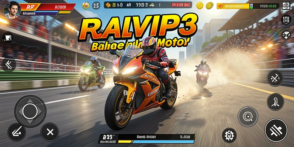 Screenshot RPVIP3 menampilkan balapan motor yang seru dan intens.